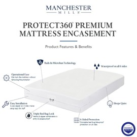 Protect360 Premium Mattress Encasement and Protector – King, Microban Product Protection, Knitted Polyester, Waterproof, Bed Bug Prevention, 15" Depth, White, by Manchester Mills