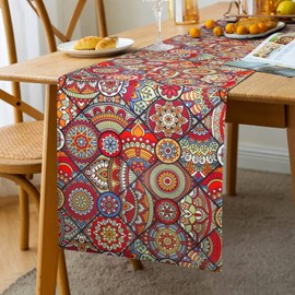 Linen Table Runner 33 X 183cm Boho Mandala Flower Geometric Stripe Tribal Vintage Coffee Table Runner Bohemian Style Table Runner Orange Dining Table Bedside for Everyday Use Colorful Red 13" x 72"