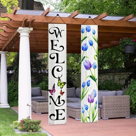 BlissYard Spring Summer Floral Porch Sign Flowers Tulip Welcome Banner Door Sign Decorations Hanging Door Banner Spring Summer Decorations for Front Door Indoor Outside Home Yard Porch Wall Decor
