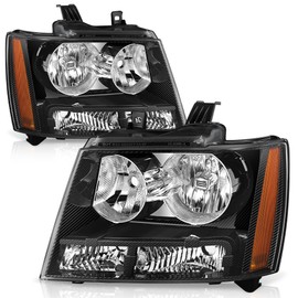 Auto Dynasty Carbon Fiber Pattern Headlights Assembly Compatible with 2007-2014 Chevy Tahoe Avalanche Suburban 1500 2500, Headlamps with Parking Light, Driver and Passenger Side, Amber Corner