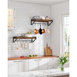 CHOEZON Wall-Mounted Pot Lid Racks Set of 2, with Pot Rack and Lid Organizer, Kitchen Cookware Organizer with 12 S-Shaped Hooks, for Pot, Pan and Lid Storage, Rustic Brown and Black TPR36BF