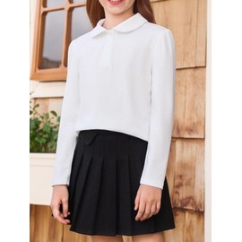 Haloumoning Girls Long Sleeve Polo Shirts Kids Peter Pan Collar School Uniform Shirts Cute Tops 5-14Y White