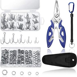 Skylety Fishing Tackle Tools 200 Pieces Split Fishing Rings with Plastic Box, 100 Pieces Treble Hooks Kit with Plastic Box, 1 Piece Lure Tackle Connector Fishing Plier and 1 Piece Fishing Lanyard