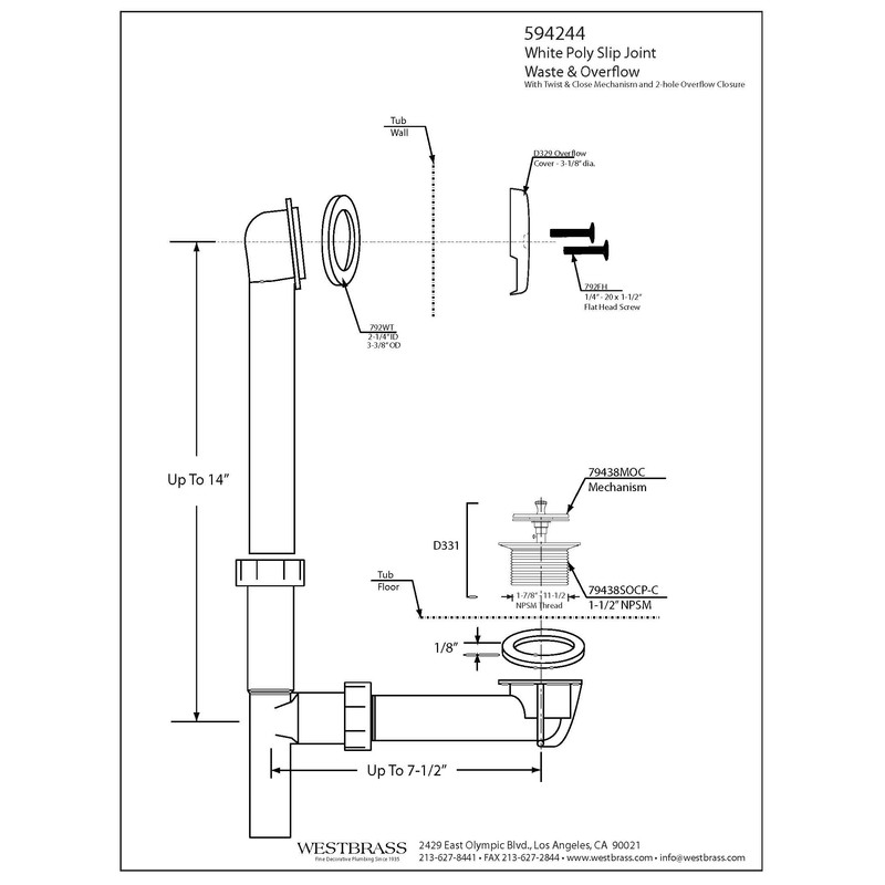 Westbrass Y594244CP White Tubular Twist & Close Bath Waste and