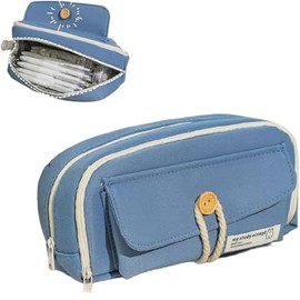 Kawaii Canvas Pen Pouch Bag with Large Capacity and Multi-Layered Organization (Lake Blue, One Size)