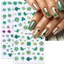 St. Patrick's Day Nail Art Stickers Decals 5D Embossed Clover Nail Decals 2PCS Four-Leaf Clover St. Patrick's Day Nail Design 5D Nail Adhesive Stickers Manicure Nail Art Supplies for Women Decoration