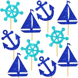 Nautical Party Centerpiece Sticks Nautical Birthday Party Centerpiece Decorations for Table 12pcs Glitter Sailboat Anchor Ship Wheel Theme Table Toppers for Ocean Navy Birthday Party Supplies