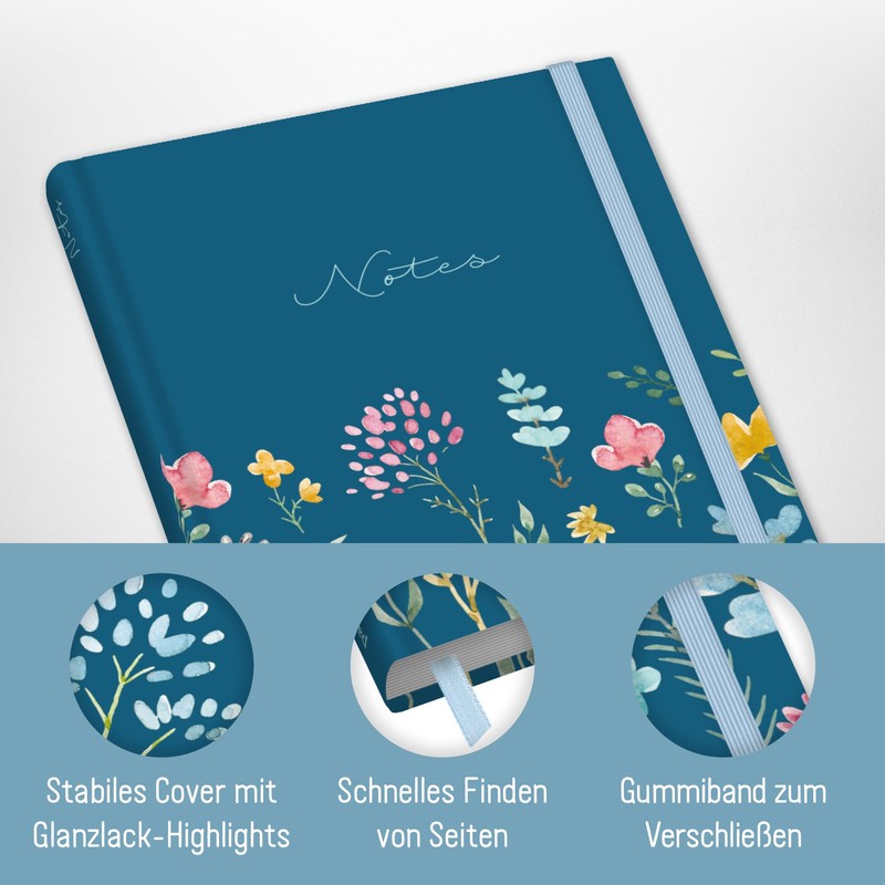 paper&you® Notebook A5+ Lined with Elastic Band [Happy Flower] 156