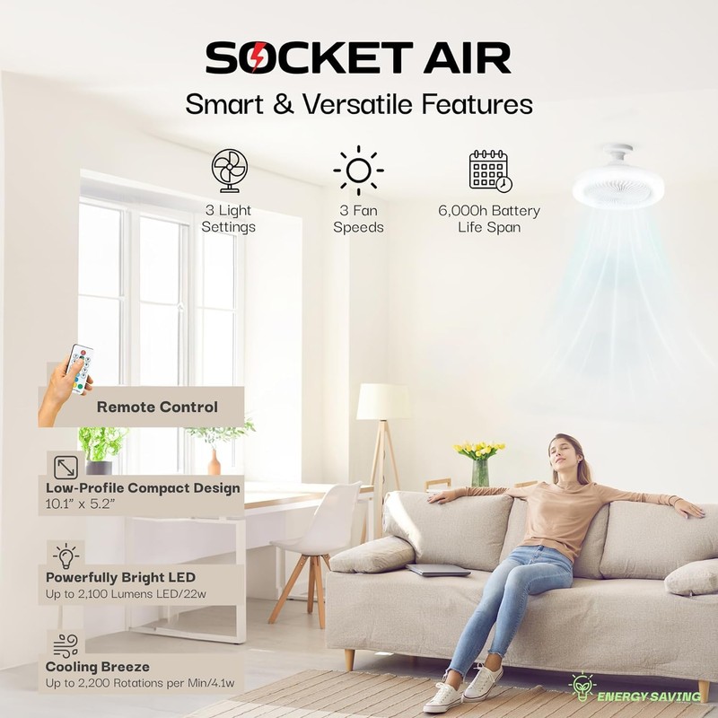 Bell+Howell SocketAir Wireless Ceiling Fan Light with Remote Control, Extender,110-120