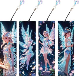 JISHSHAY 4 PCS Diamond Art Bookmarks Diamond Painting Book Marks Gem Art Bookmarkers Gem Painting Book Markers Mosaic Kits for Adults Special Drills with Crystal Pendants Fairy Elf