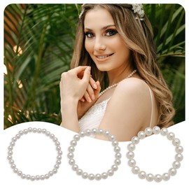 3Pcs White Pearl Bracelets for Women Girls Layered Stretch Bracelet for Party Wedding Costume Bracelet for Bride Bridesmaid Stackable Pearl Beaded Bracelets for Women Girls