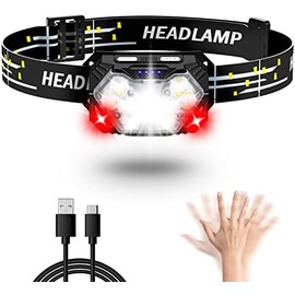 9 faros LED recargables, 1 paquete, 2000 lúmenes, lámpara de cabeza súper brillante USB-C, 10 modos con luz roja blanca, sensor de movimiento,