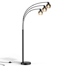 QiMH 3 Light Floor Lamp for Living Room, Adjustable Arc Standing Lamp with Smoked Glass Shades - Black Tall Corner Lamp for Bedroom or Office, Modern 3-Arm Tall Light(Bulb Inclued)