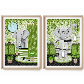 Elephant in Bath Print Set, Two Elephant in Bathroom Prints, A4 UNFRAMED Prints, Animal on Toilet Print, Black Green Bathroom Prints, Elephant Toilet Prints, Bathroom Decor, Elephant Reading Newspaper