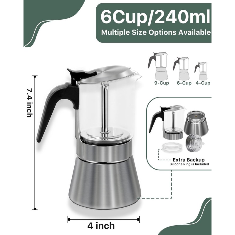 Grasseed Crystal Glass-Top Moka Pot, Brushed Stainless Steel Stovetop Espresso