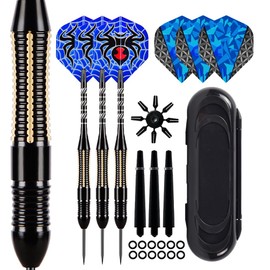 Professional Darts Set 26g,3 Pack Steel Tip Darts Set With Aluminum Shafts(+3 More Spare Shafts) and 2 Style Flights+Rubber O-Rings and Darts Case-Black