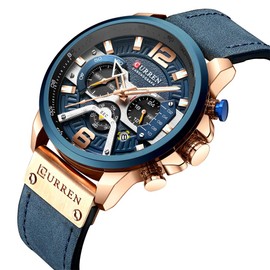 Curren Men's Quartz Analog Calendar Wrist Watch for Men Fashion Waterproof Wrist Watch with Leather Strap Blue Chronograph, blue, Chronograph