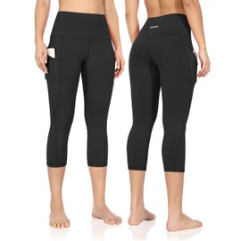 ODODOS Women's High Waisted Yoga Capris with Pockets,Tummy Control Non See Through Workout Sports Running Capri Leggings, Black,X-Large