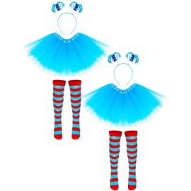 Luces 2 Set Blue Cosplay Outfit, Tutu Costume Set for Girls, Tutu Skirt Ponytail Headband Stripes Socks for Costume Party