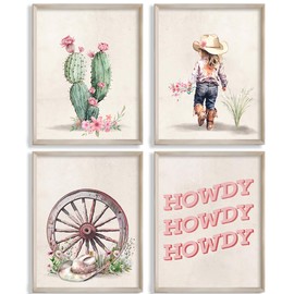 MOCVSWO Western Howdy Cowgirl Cowboy Hat Cactus Desert Wall Art Prints for Cowgirl Nursery Decor And Kids Room Girs Room Decoration,Set Of 4(8''x10''Inches,Unframed).
