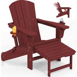 KINGYES Folding Adjustable Adirondack Chair with Ottoman & 2 Cup Holders, HDEP Multifunctional Adirondack Chair with Footrest, Red