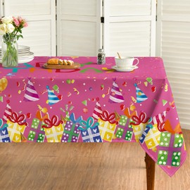 Horaldaily Birthday Tablecloth 60x84 Inch Rectangular, Happy Birthday Ballon Pink Washable Seasonal Table Cover for Party Picnic Dinner Decor