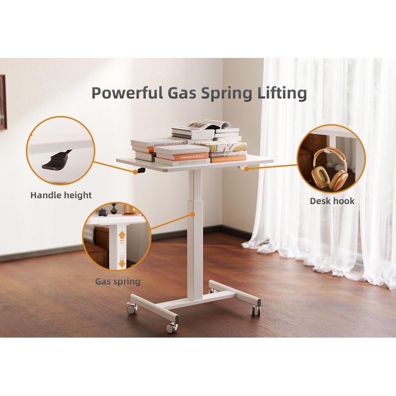 Claiks Mobile Standing Desk, Small Rolling Workstation With Wheels, Pneumatic