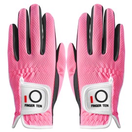 FINGER TEN Golf Gloves Women Both Left Right Hand Microfiber All Weather Grip Rain Hot Wet Value Pair, Ladies Golf Gloves Soft Flexible Durable Wear Resistance Good Grip Pink Black (Pinky, Medium)