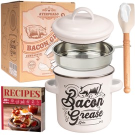 Ayerphalo Bacon Grease Container with Strainer - 46OZ Large Capacity, With Silicone Wooden Spatula, Enamel Bacon Grease Keeper for Bacon Drippings, Farmhouse Kitchen Decor, Dishwasher Safe