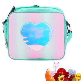 Lunch Bag for Kids Thermal Insulated Tote Lunch Bag with Fruit Forks Reusable Box for Teens Students Girls Boys School Picnic Family One Day Trip Rainbow Green Heart Glitter