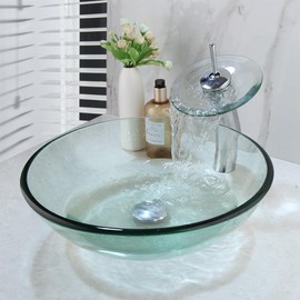 Clear Glass Bathroom Vessel Sink- GLOBAOSALU Round Bathroom Vessel Sink With Faucet And Drian Set Tempered Glass Basin Bowl Sinks For Bathroom Clear Glass Vessel Sink Bathroom Glass Sinks