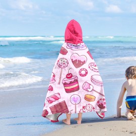Doughnut Girls Beach Towel with Hoodie for Kids Toddlers Age 4-8, Pink Blue Bath Towels Shower Wrap for Girls, Hooded Poncho Beach Blanket for Pool Swimming Cute Wearable Bath Towel for Child
