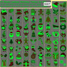 CHARLENT Glow in The Dark Christmas Temporary Tattoos for Kids Party Supplies - 74 Individually Sheets Luminous Christmas Xmas Tattoos for Boys Girls Christmas Party Favors Goodie Bag Fillers