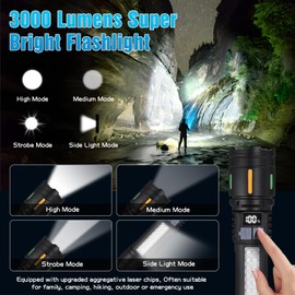Rechargeable LED Flashlights High Lumens - 3000LM Super Bright Tactical Flashlight with Cob Sidelight, 5 Light Modes, IPX6 Waterproof, Powerful Flash Light for Camping Home Emergencies（2 Pack）