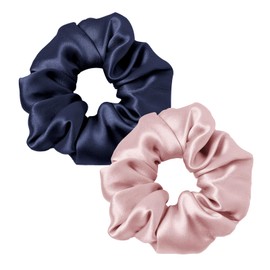 LILYSILK 100% Silk Hair Rings Women's Ponytail Holder Hair Band Silk Hair Bobbles Packaging Reusable (Dark Blue + Dusky Pink)