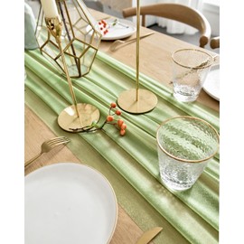 BOXAN Elegant 30x120 Inch Sage Green Sheer Table Runner 10Ft Chiffon Like Overlay for Bohemian Woodland Greenery Wedding Shower Party Decor, Chic Spring Summer Party Saint Patricks Day Supplies