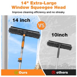 12Ft Window Squeegee with Extension Poles, 2-in-1 Window Cleaning Kit with Telescopic Pole, Extra-Large 14" Window Squeegee, Window Cleaner Tool with Adjustable Head, for High Window, Glass, RV