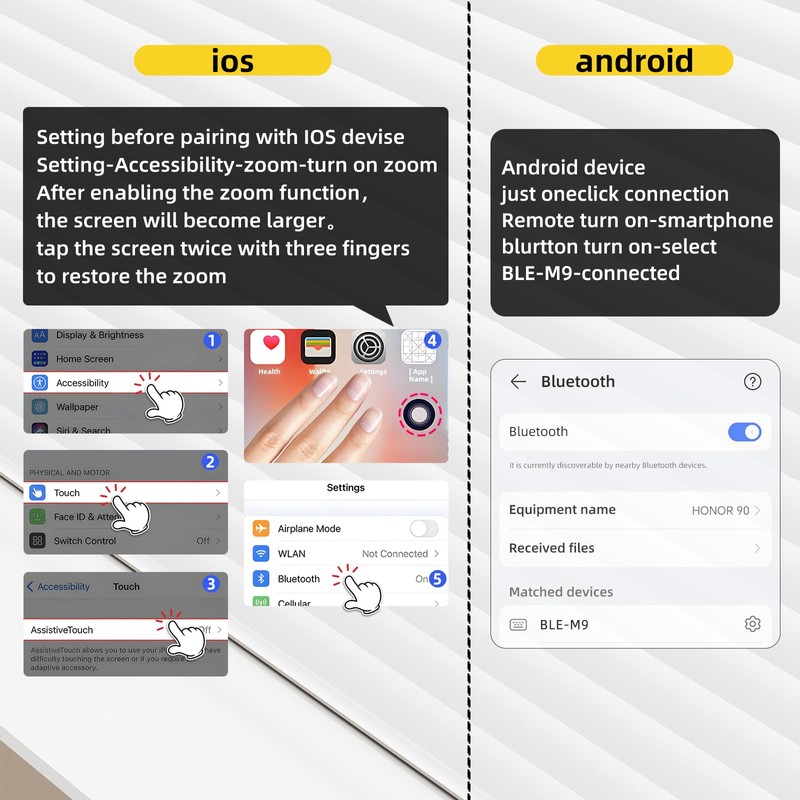 Bluetooth Camera Remote Shutter with Zoom and Front/Rear Camera Switch
