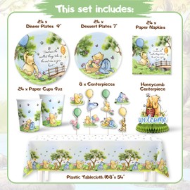 106 Pc Winnie the Pooh Baby Shower Decorations Set – Plates, Cups, Napkins & Tablecloth – Classic Pooh Theme – Cute Winnie the Bear Baby Shower Decor Party Supplies