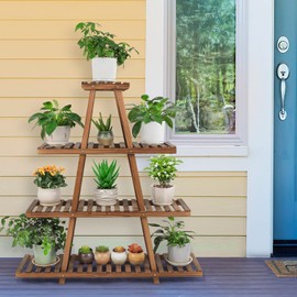 Ufine 4 Tier Wood Plant Stand Indoor Outdoor A Frame Plant Display Shelf for Multiple Plants Flower Pot Holder Rack, Living Room Balcony Patio