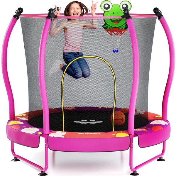 Happin 55” Toddler Trampoline, Indoor & Outdoor Playset Ages 1-6, 5FT Kids Trampoline, Ultra Safe Mini Trampoline for Kids with Safety Enclosure Net, Gifts for Birthday Boys & Girls, Basketball Hoop