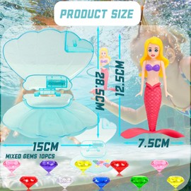 yayafunfun Little Mermaid Pool Toy Shell with Blue Shell &10 Colorful Gemstone, Girls Pool Sinkies Mermaid Bath Toys, Swimming Pool Diving Toy for Girls, Mermaid Party Supplies Accessories Water Toys
