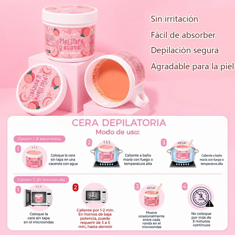 ULTRAMO Cera Depilatoria Suave Depilacion Sin Dolor (Fresa)