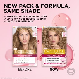 L'Oréal Paris Excellence Crème Permanent Hair Dye, Radiant At-Home Hair Colour with up to 100% Grey Coverage, Pro-Keratin, Up to 8 Weeks of Colour, Colour: 7.31 Natural Dark Caramel Blonde