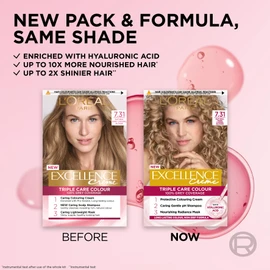 L'Oréal Paris Excellence Crème Permanent Hair Dye, Radiant At-Home Hair Colour with up to 100% Grey Coverage, Pro-Keratin, Up to 8 Weeks of Colour, Colour: 7.31 Natural Dark Caramel Blonde