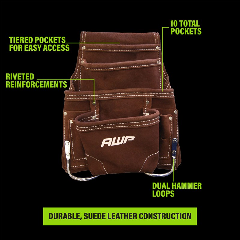AWP 10-Pocket Suede Tool Pouch | Durable General Construction Leather