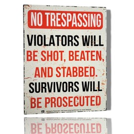 AMERICAN WIT - Funny No Trespassing Warning Metal Tin Sign (16" x 12.5") (No Trespassing Violators Will Be Shot, Beaten and Stabbed. Survivors will be Prosecuted)
