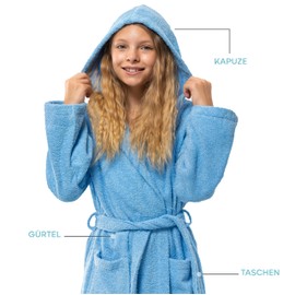 Twinzen Children's Bathrobe with Hood 100% Oeko-Tex Cotton Children's Bathrobe for Boys Terry Towelling Extra Soft and Absorbent Bathrobe Teenagers, blue