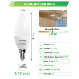 GOHDLAMP E12 LED Bulbs 60W Equivalent, 5W Non-Dimmable B11 Candelabra Bulbs, 4000K Cool White, 760 Lumens, Pack of 6 for Kitchen & Task Lighting