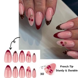 24Pcs Short Almond Press On Nails, French Tip Nails Press Ons Glossy Red Fake Nails with Cute Cherry Design, Reusable False Nails Almond for Home Manicure 12 Sizes